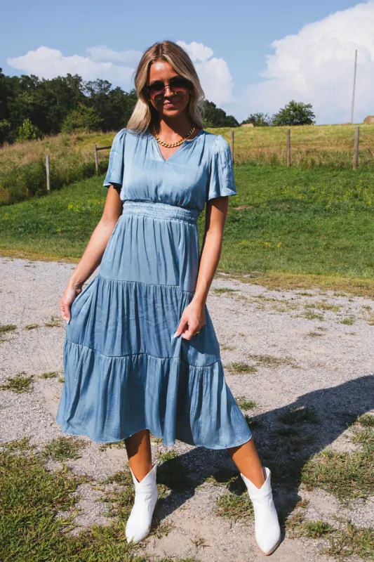 High Tide Tiered Midi Dress, Light Teal sold by North & Main Clothing Company