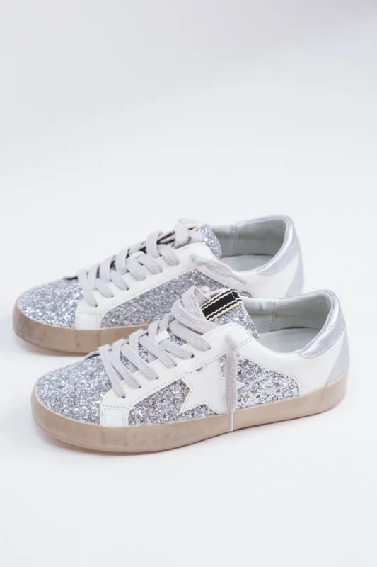 Paris Glitter Detail Lace Up Sneaker, Silver Sparkle | SHUSHOP sold by North & Main Clothing Company