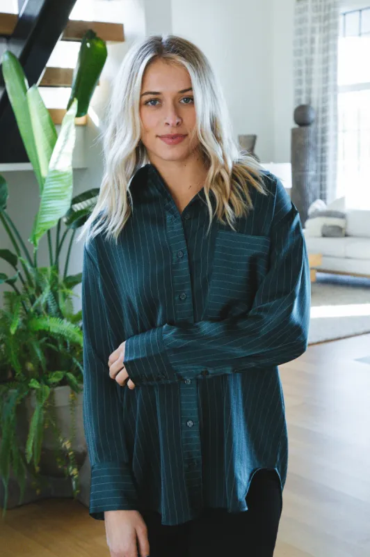 Sutton Pin Stripe Button Up Top, Green Stripe | Velvet Heart sold by North & Main Clothing Company