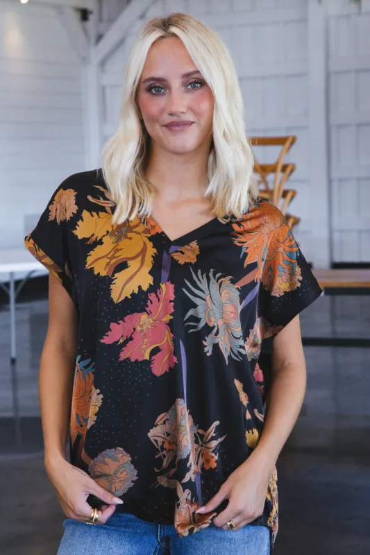 Serena Satin Floral Blouse, Black sold by North & Main Clothing Company