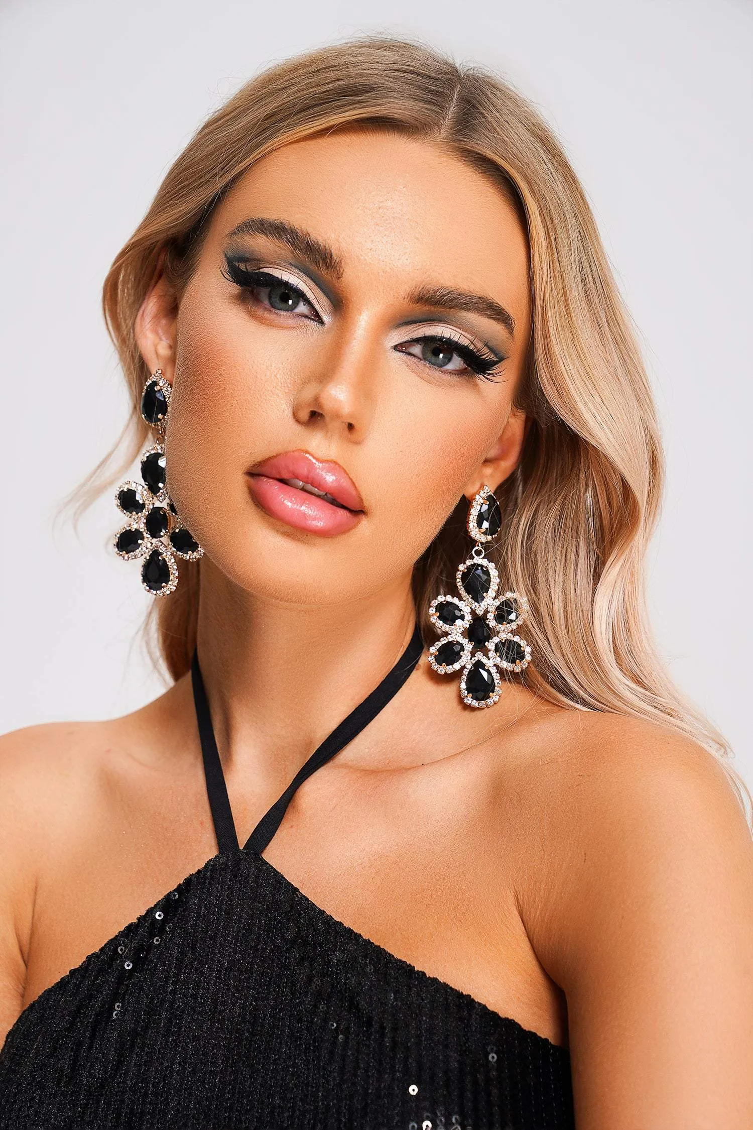 Eleonor Black Flower Diamonate Earrings sold by Bella Barnett product image thumbnail 2