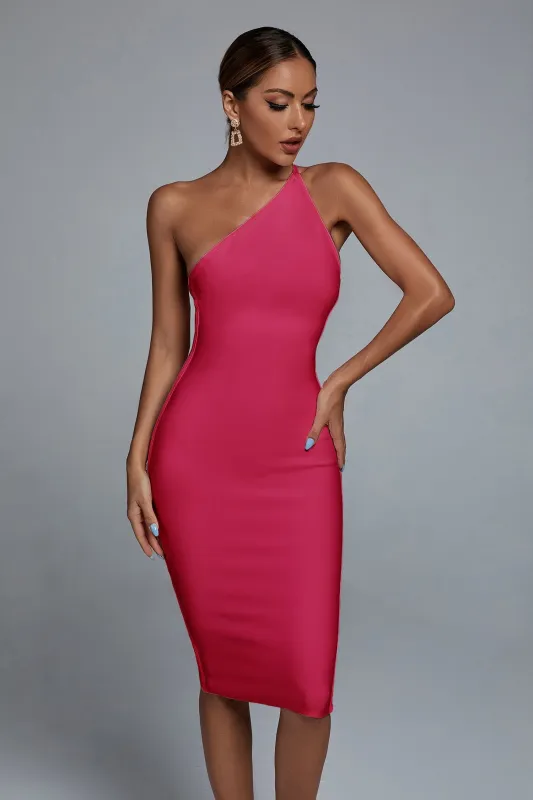 Janan One Shoulder Midi Cocktail Dress - Hot Pink, M sold by Bella Barnett