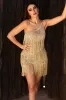 One Shoulder Metallic Fringe Mini Dress - Gold, M sold by Bella Barnett