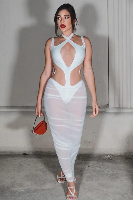 Cutout See-through Mesh Dress - White, L sold by Bella Barnett