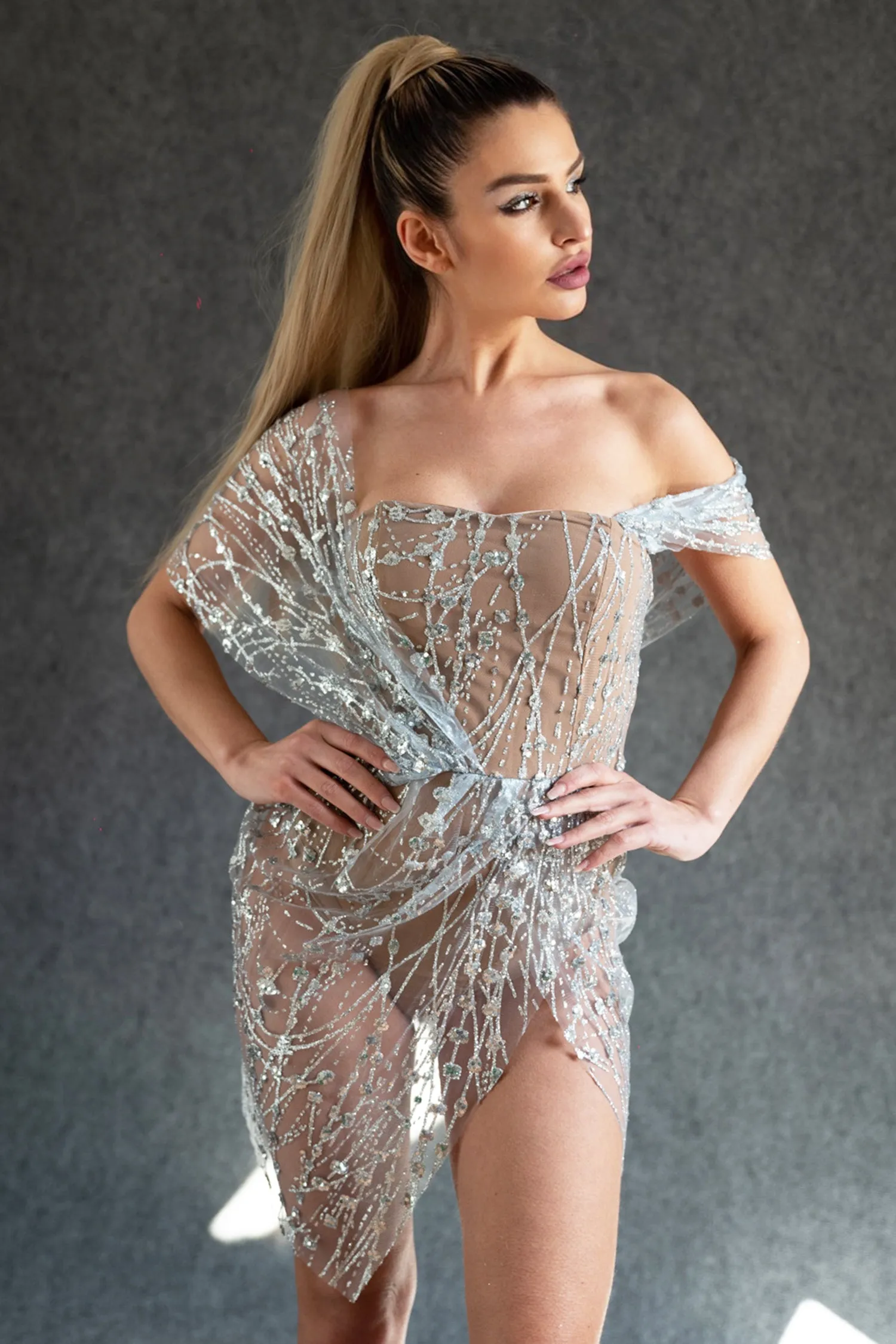 Off Shoulder Sequin Sheer Mini Dress - Silver, XL sold by Bella Barnett