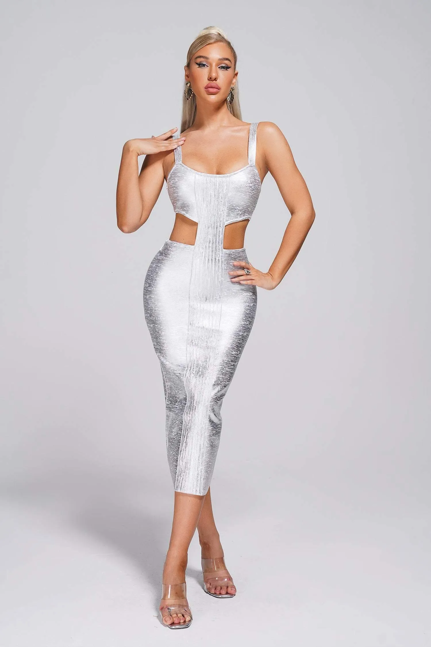 Kit Metallic Midi Bandage Dress - Silver, S sold by Bella Barnett