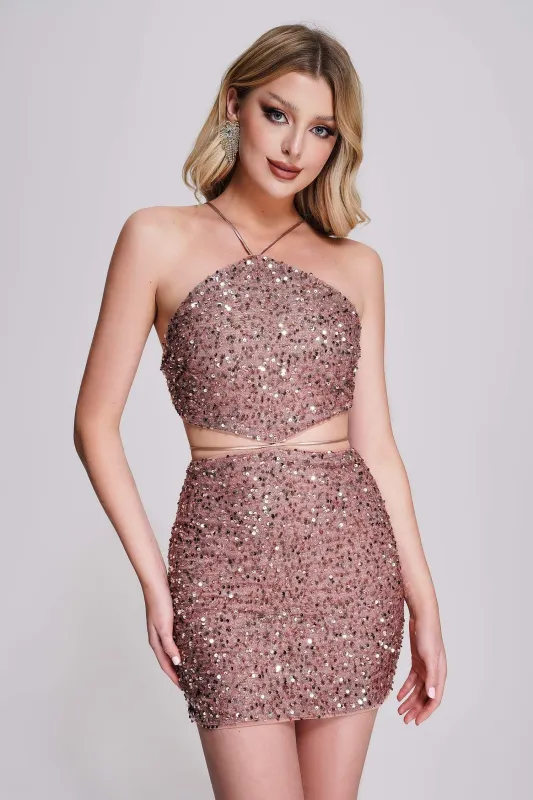 Sliya Halter Sequin Mini Dress, L sold by Bella Barnett