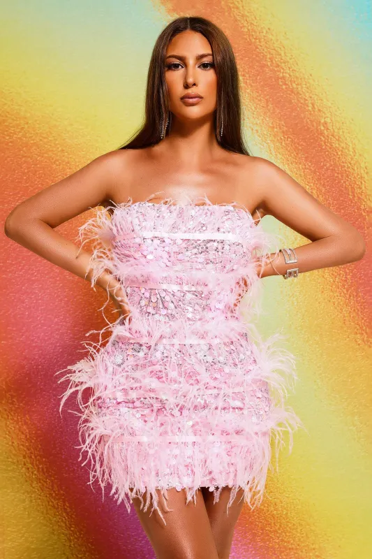 Erele Strapless Feather Mini Dress, M sold by Bella Barnett