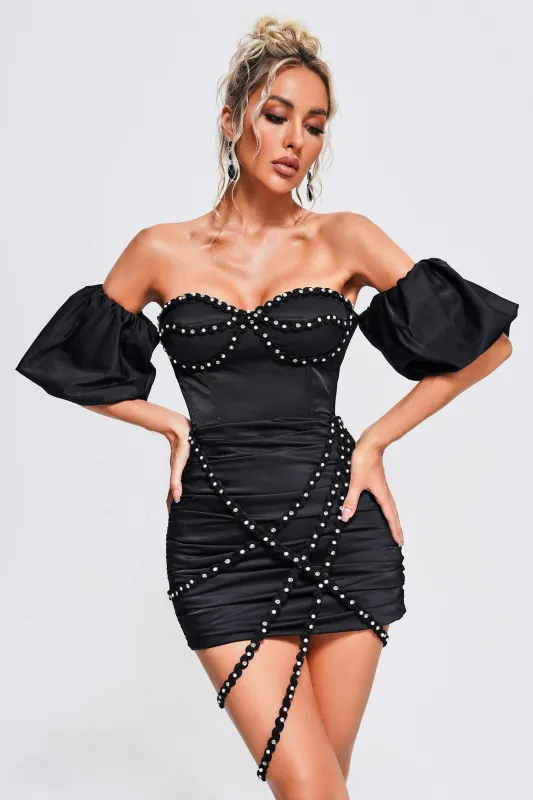 Makayah Off Shoulder Ruched Mini Dress, L made by Bella Barnett