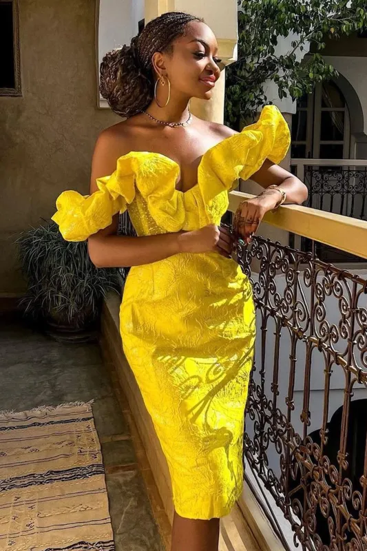 Jacquard Off Shoulder Midi Dress - Yellow, S sold by Bella Barnett