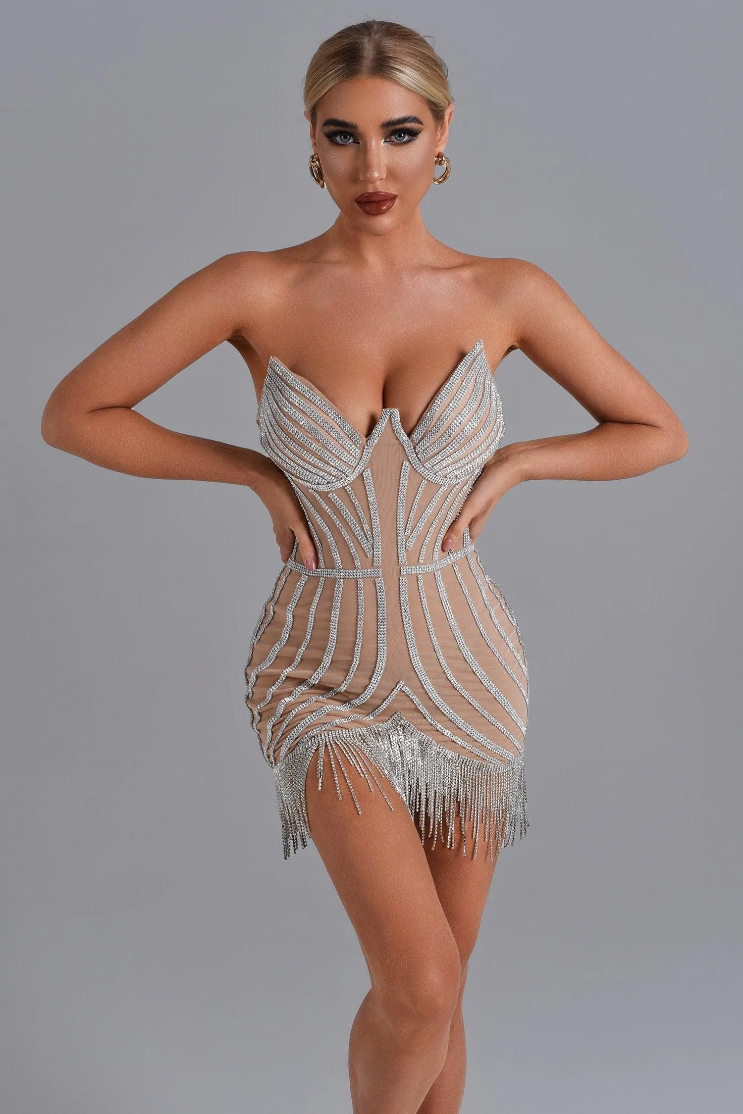 Lola Diamonate Tassel Mini Dress, Beige / M sold by Bella Barnett