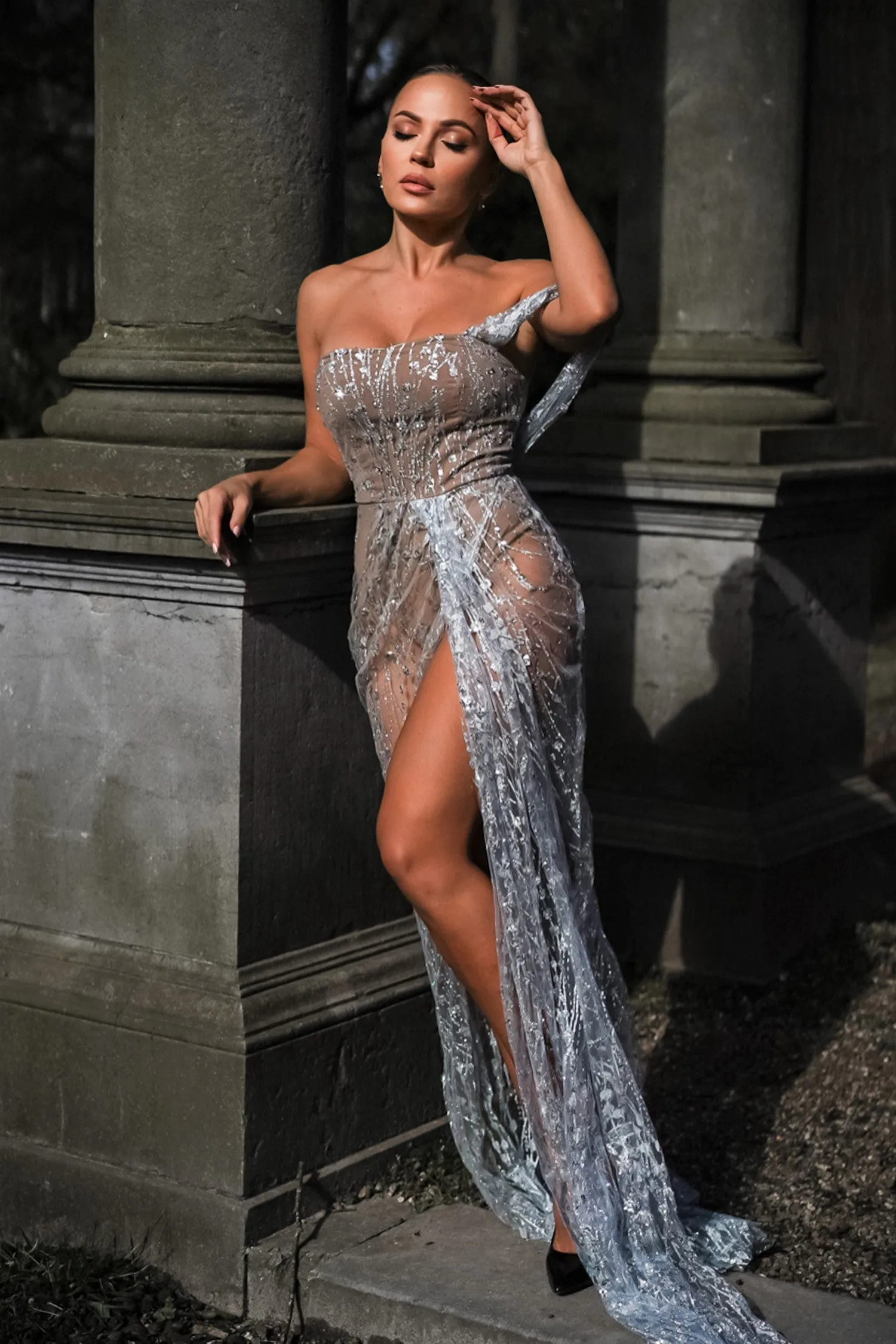 Off Shoulder Sequin Mesh Maxi Dress, L sold by Bella Barnett