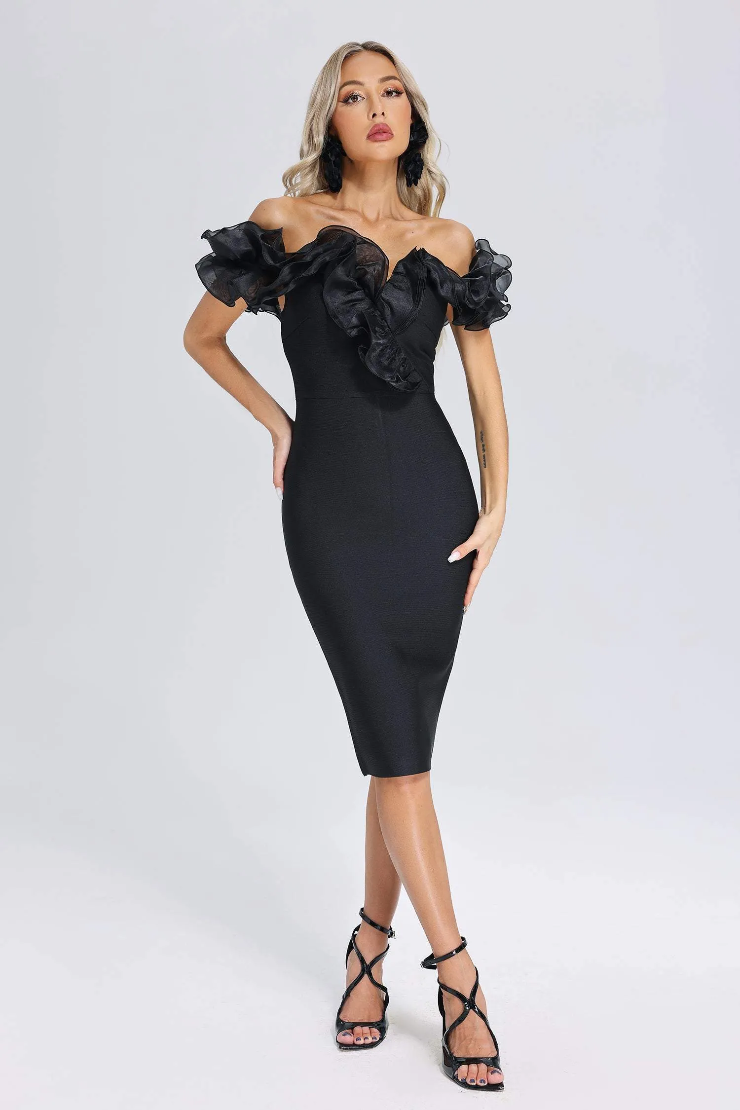 Dorothea Off Shoulder Bandage Midi Dress, S sold by Bella Barnett