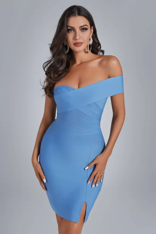 Teagan Off Shoulder Blue Bandage Dress, M sold by Bella Barnett