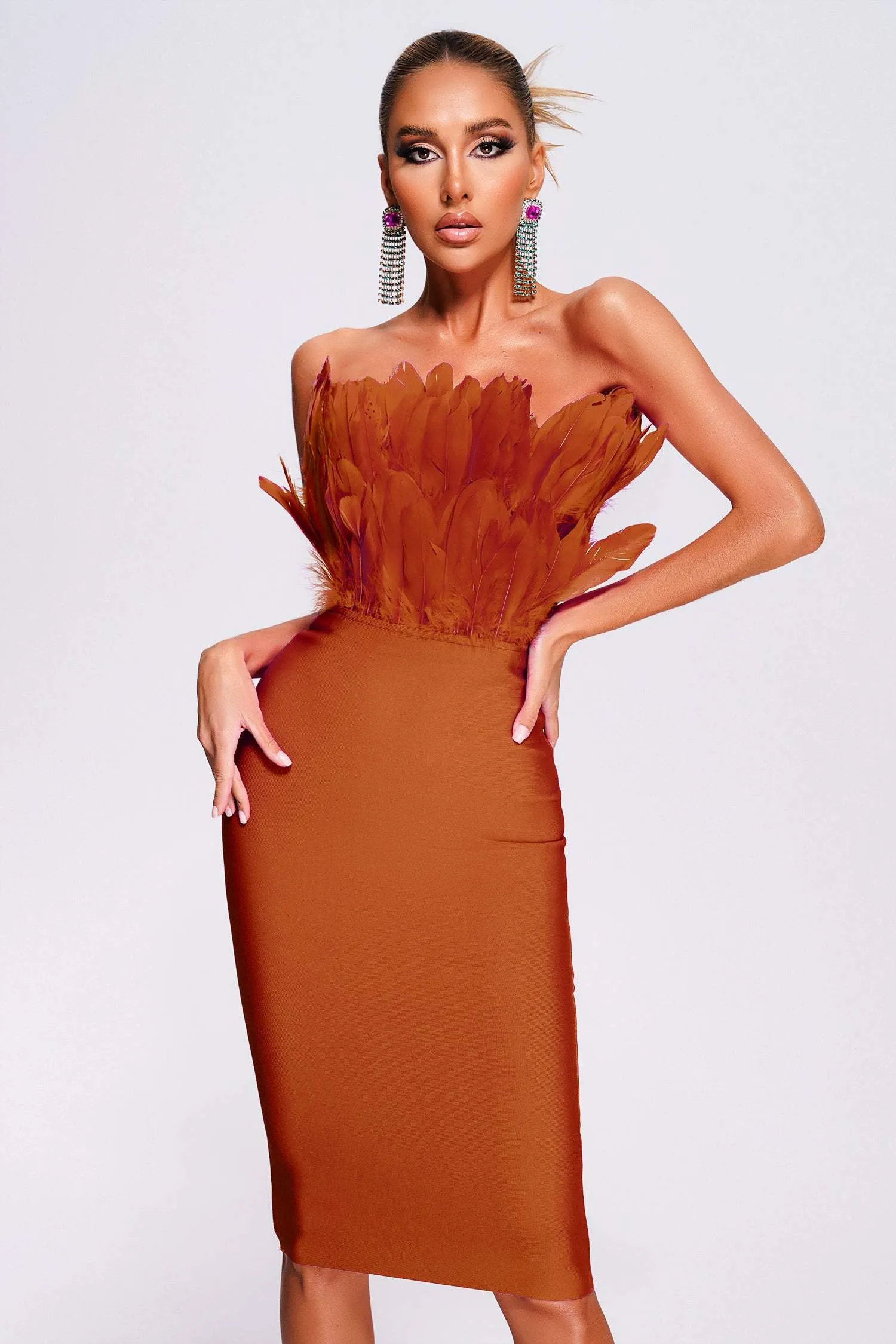 Parry Feather Strapless Midi Bandage Dress - Tan, S sold by Bella Barnett product image thumbnail 2