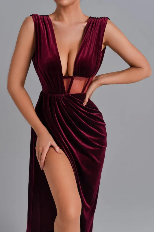 High Slit Velvet Maxi Evening Dress - Red, Red / S sold by Bella Barnett