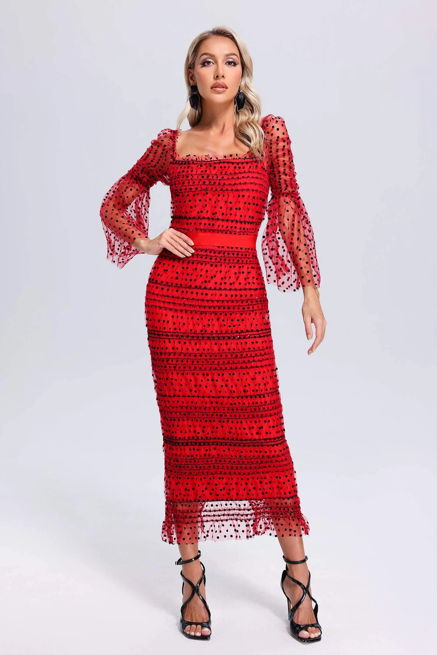 Crana Mesh Midi Dress - Red, S sold by Bella Barnett