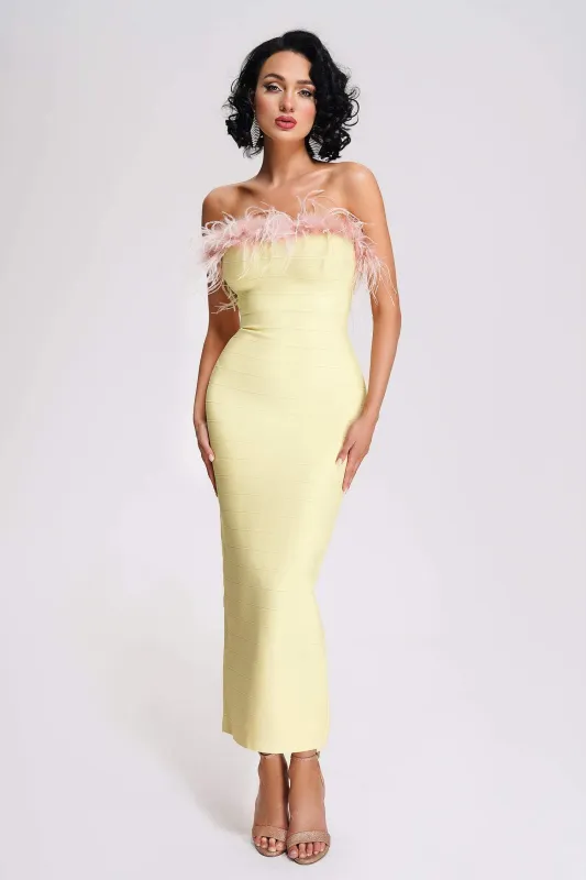 Melissa Strapless Feather Midi Bandage Dress, S sold by Bella Barnett