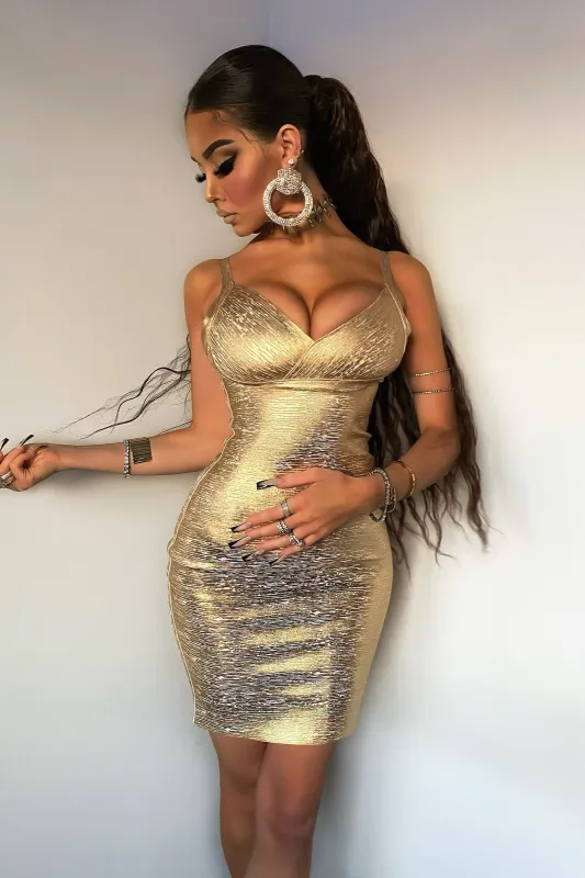 Metallic Gold Bandage Mini Cocktail Dress, S sold by Bella Barnett