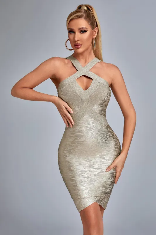 Rutia Metallic Mini Bandage Dress - Gold, Gold / L sold by Bella Barnett