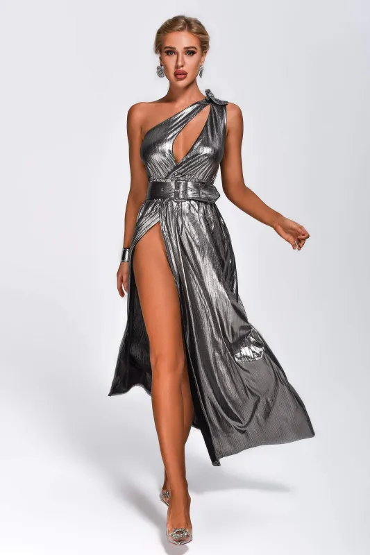 Alicia One Shoulder Metallic Maxi Dress, S sold by Bella Barnett