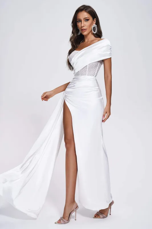 Colia Diamomate Mesh Corset Satin Maxi Dress - White, S sold by Bella Barnett