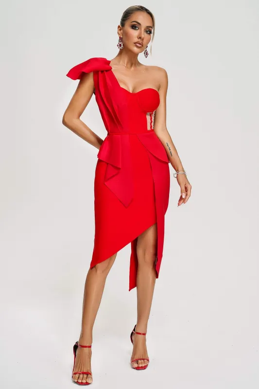 Spak One Shoulder Midi Dress - Red, L sold by Bella Barnett