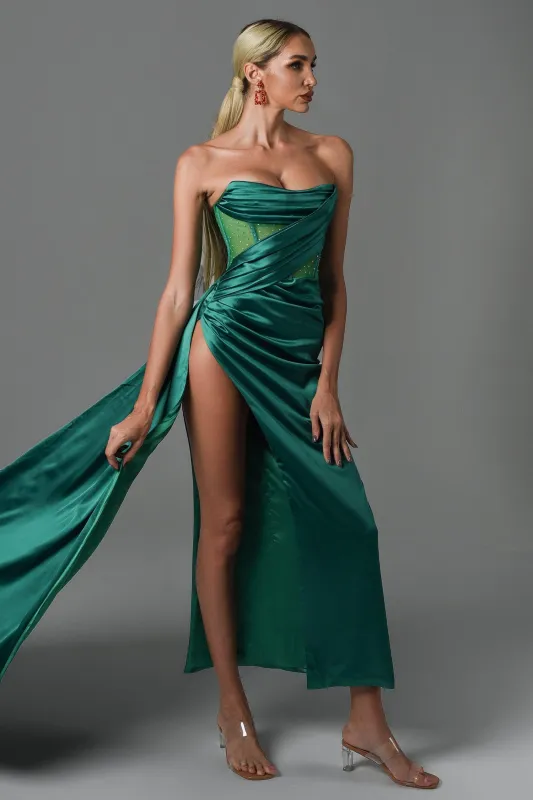 Haliya Crystallized Corset High Slit Gown - Green, S made by Bella Barnett