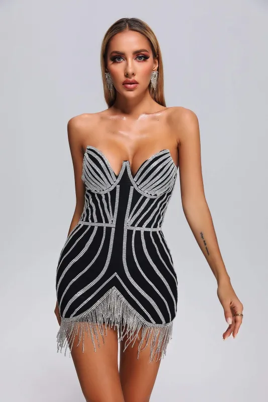 Lola Diamonate Tassel Mini Dress - Black, S sold by Bella Barnett