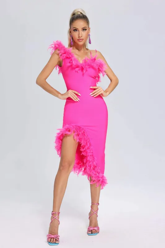Hailey One Shoulder Feather Midi Dress - Pink, M sold by Bella Barnett