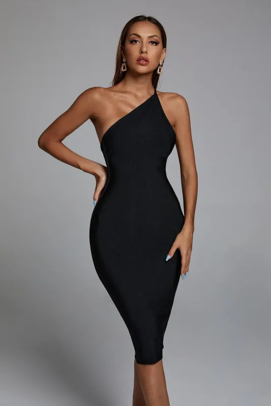 Janan One Shoulder Midi Cocktail Dress - Black, M sold by Bella Barnett
