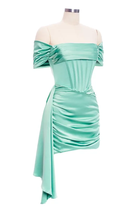 Satin Draping Off Shoulder Ruched Corset Dress - Mint, S sold by Bella Barnett