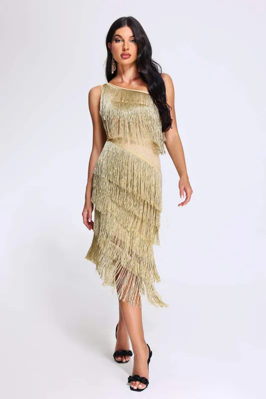 Xiara One Shoulder Tassel Dress, M sold by Bella Barnett