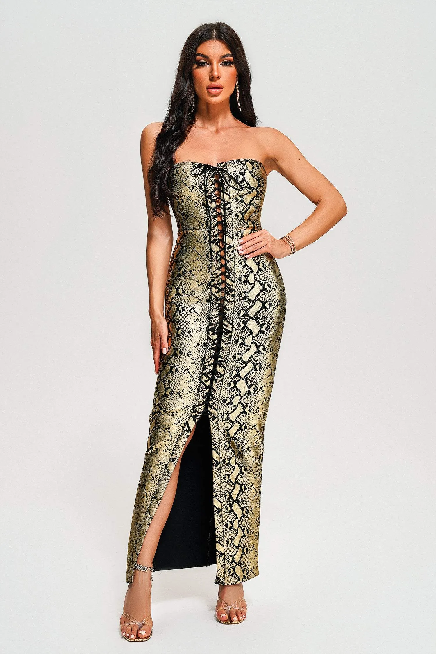 Riley Strapless Metallic Maxi Bandage Dress, S sold by Bella Barnett