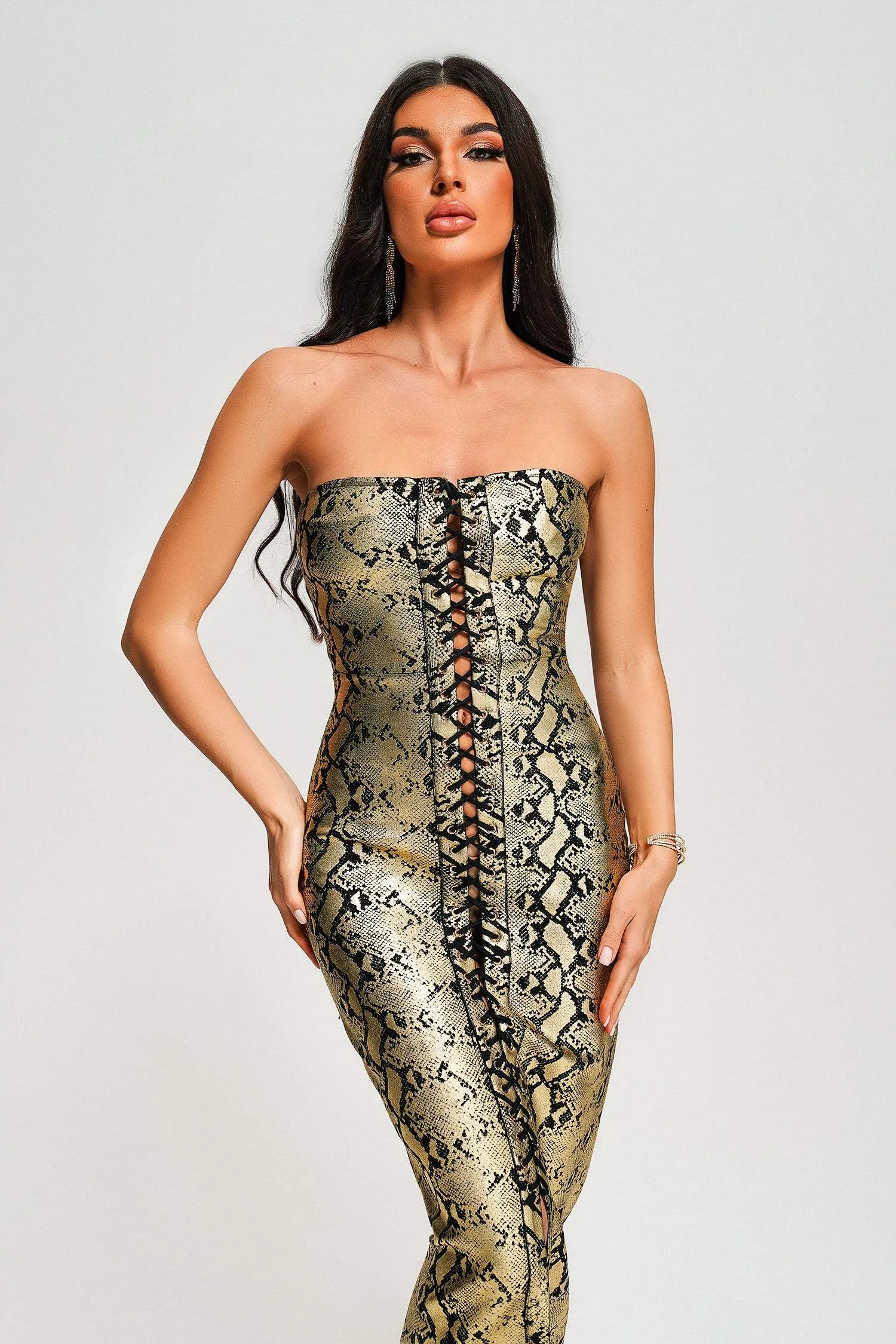 Riley Strapless Metallic Maxi Bandage Dress, S sold by Bella Barnett product image thumbnail 2