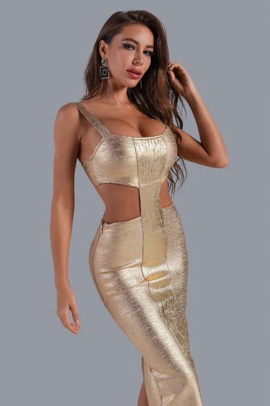 Kit Metallic Midi Bandage Dress - Gold, S sold by Bella Barnett