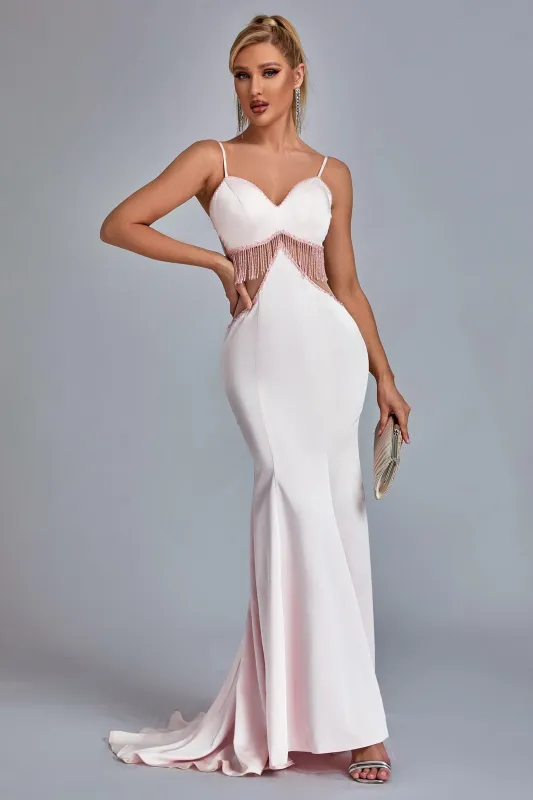 Eaka Satin Diamante Tassel Cutout Maxi Dress, S sold by Bella Barnett