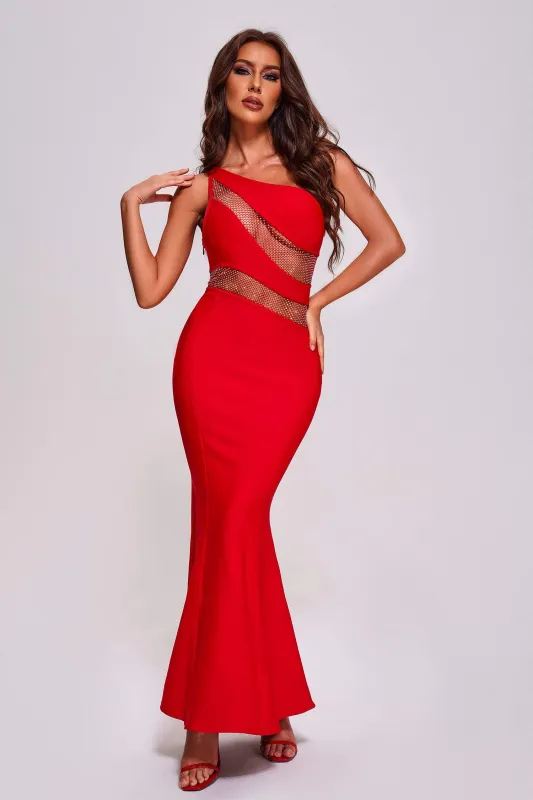 Kylli One Shoulder Diamante Mesh Maxi Bandage Dress, M sold by Bella Barnett