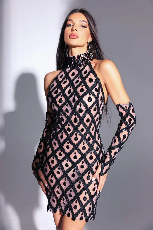 Fala Diamante Mesh Mini Dress - Black, L sold by Bella Barnett