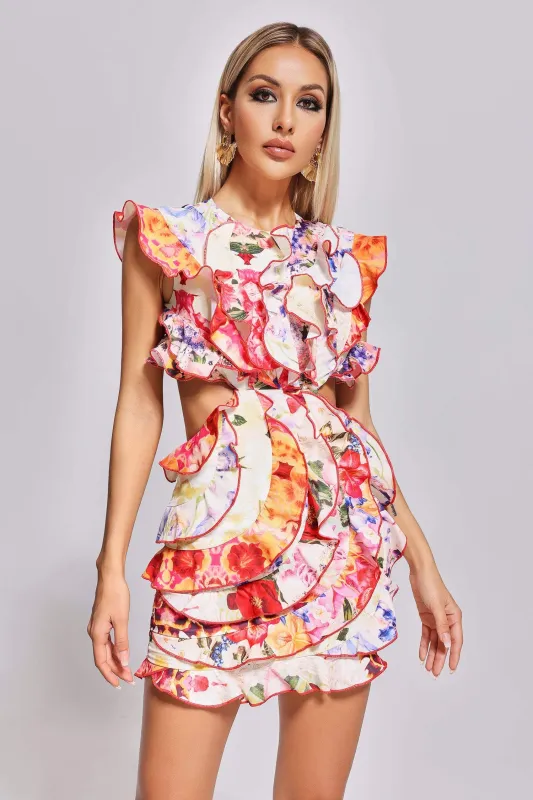 Unyque Cutout Flounced Printed Mini Dress, L sold by Bella Barnett