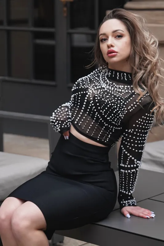 Long Sleeve Pearl Beaded Set - Black, S made by Bella Barnett