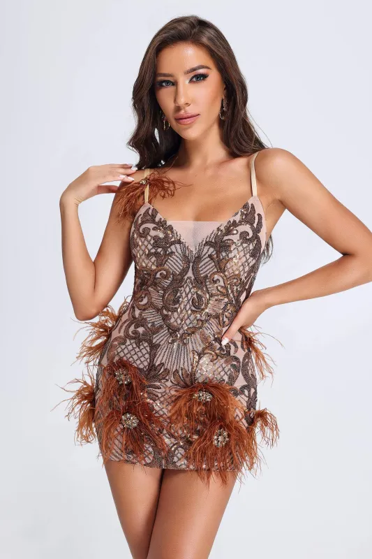 Chloie Feather Mini Dress - Brown, S sold by Bella Barnett