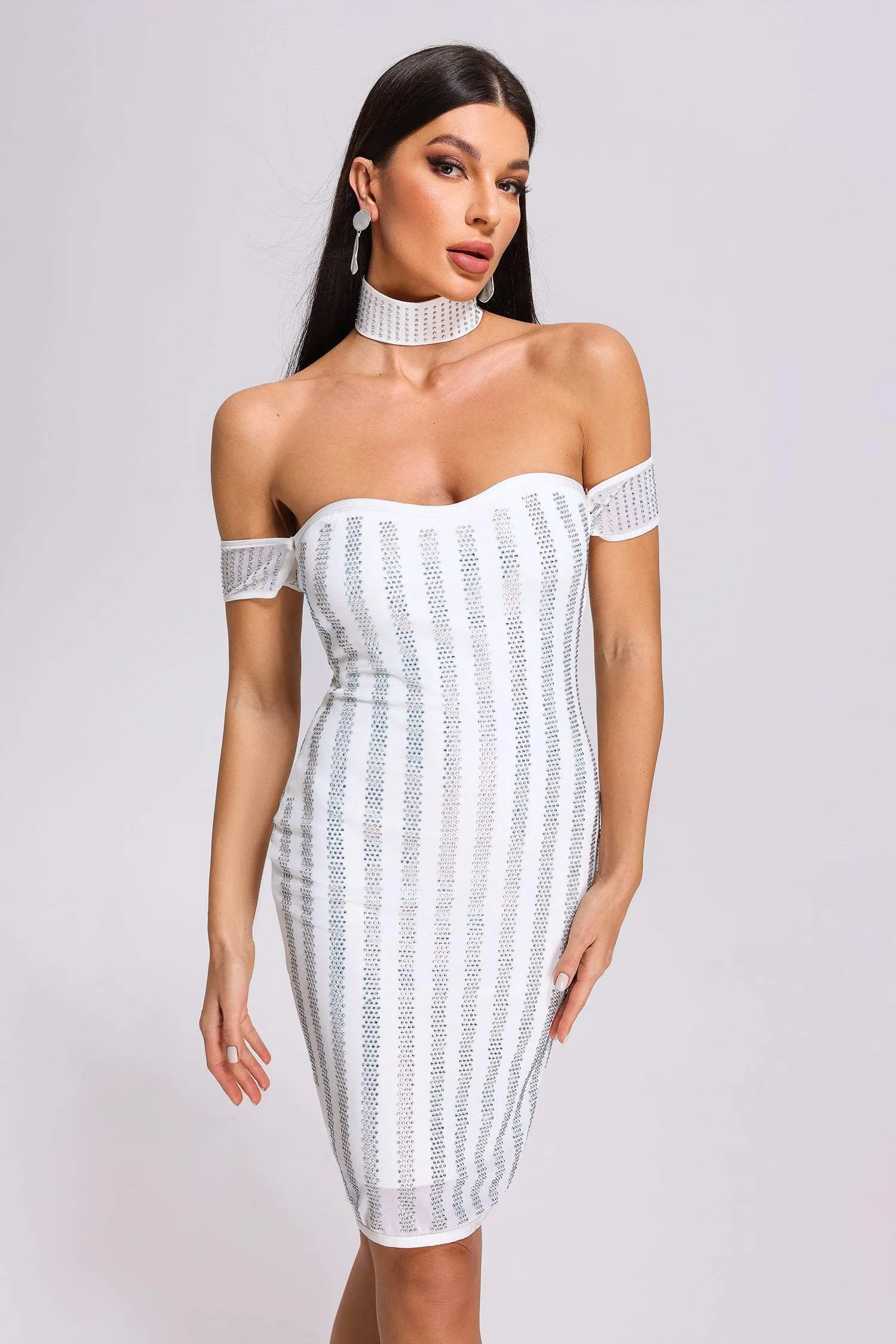 Agnes Off Shoulder Stripe Midi Dress, L sold by Bella Barnett