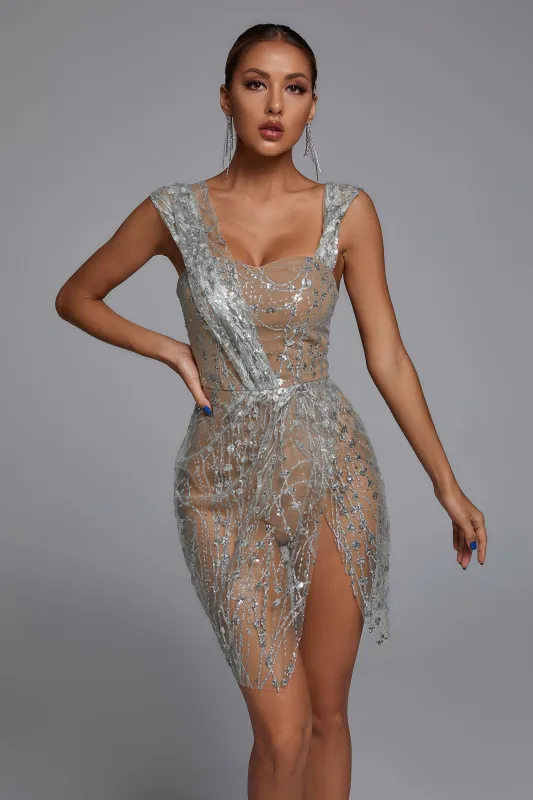 Sedaya Glitter Mesh Mini Dress - Silver, S sold by Bella Barnett