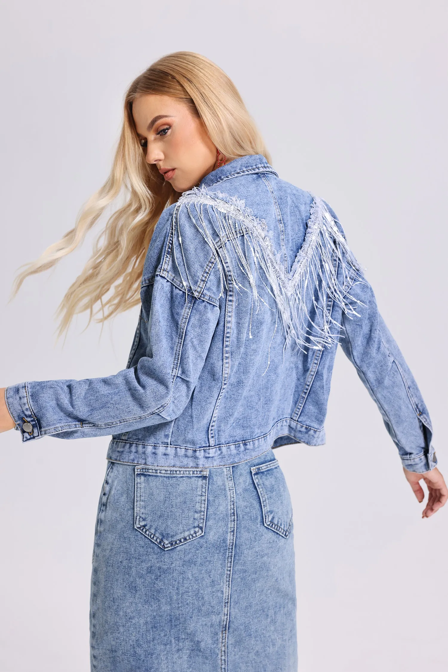 Ritini Sequin Tassel Denim Jacket, S sold by Bella Barnett product image thumbnail 2