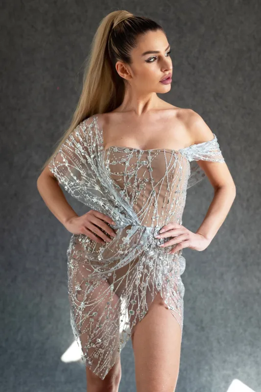 Off Shoulder Sequin Sheer Mini Dress - Silver, L sold by Bella Barnett