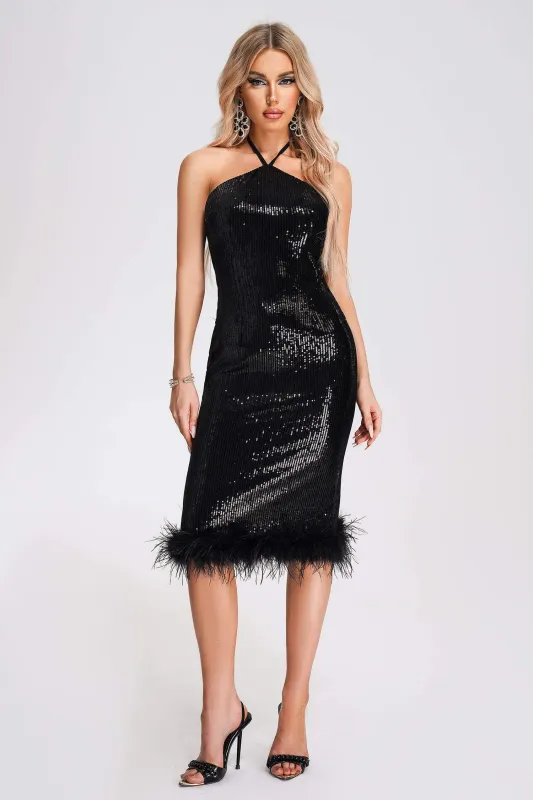 Eiman Halterneck Sequin Feather Midi Dress, M sold by Bella Barnett