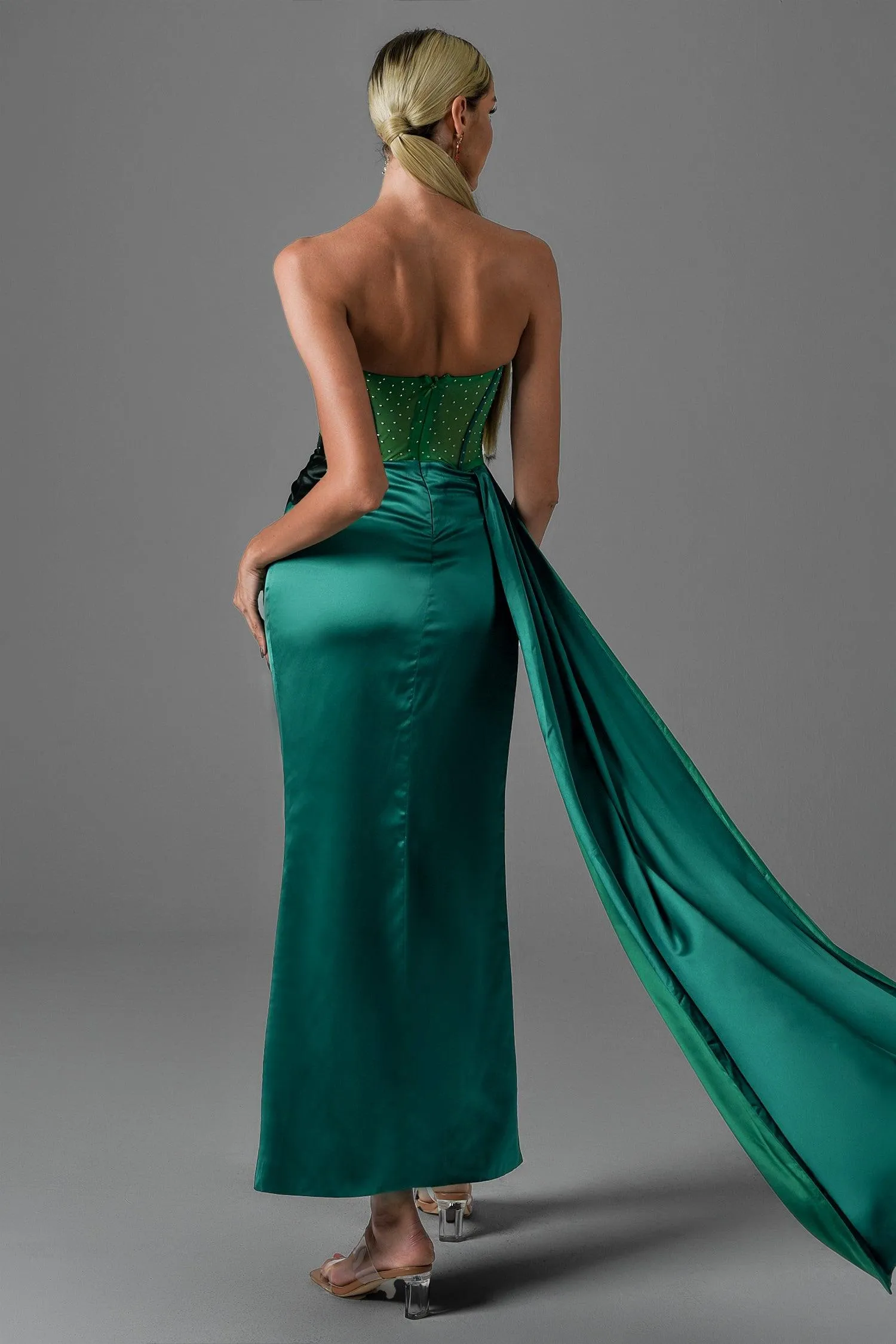 Haliya Crystallized Corset High Slit Gown - Green, M sold by Bella Barnett product image thumbnail 2