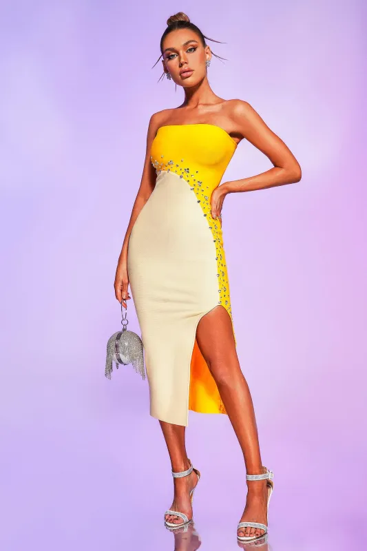 Vleah Strapless Diamonate Midi Bandage Dress, L sold by Bella Barnett