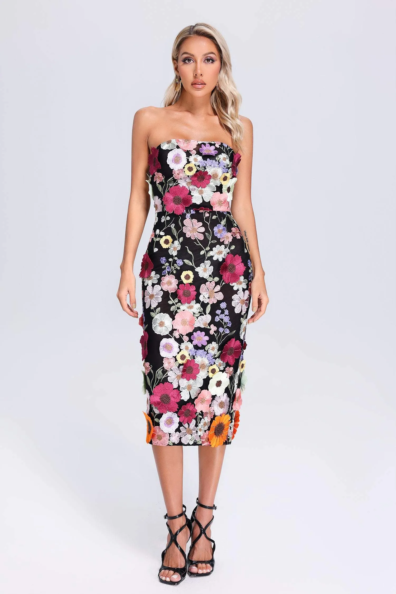 Sindi Floral Embroider Tube Midi Dress, S sold by Bella Barnett